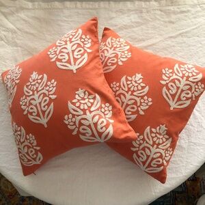 Pottery Barn set of 2 Kyla embroidered pillows 18 inch square with inserts coral